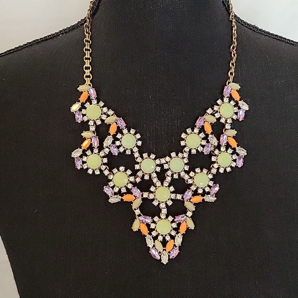 J. Crew Crystal Rhinestone Statement Bib Necklace 16"-19" green/lavender/orange